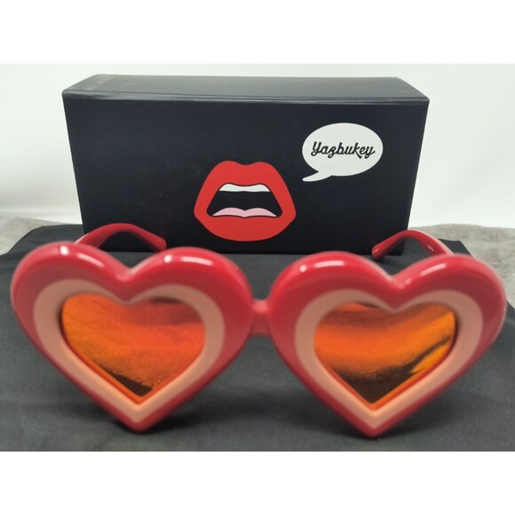 Linda Farrow Yazbukey RARE Red Pink Peach Mirror Heart Frame Sunglasses NEW - Picture 1 of 13